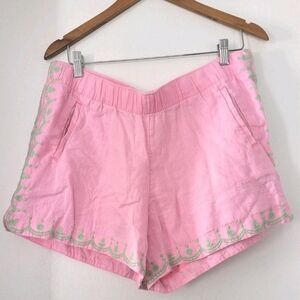 Lilly Pulitzer Shandy PINK LARYN LINEN SHORTS Embroidered Pull-On XL Pink Green